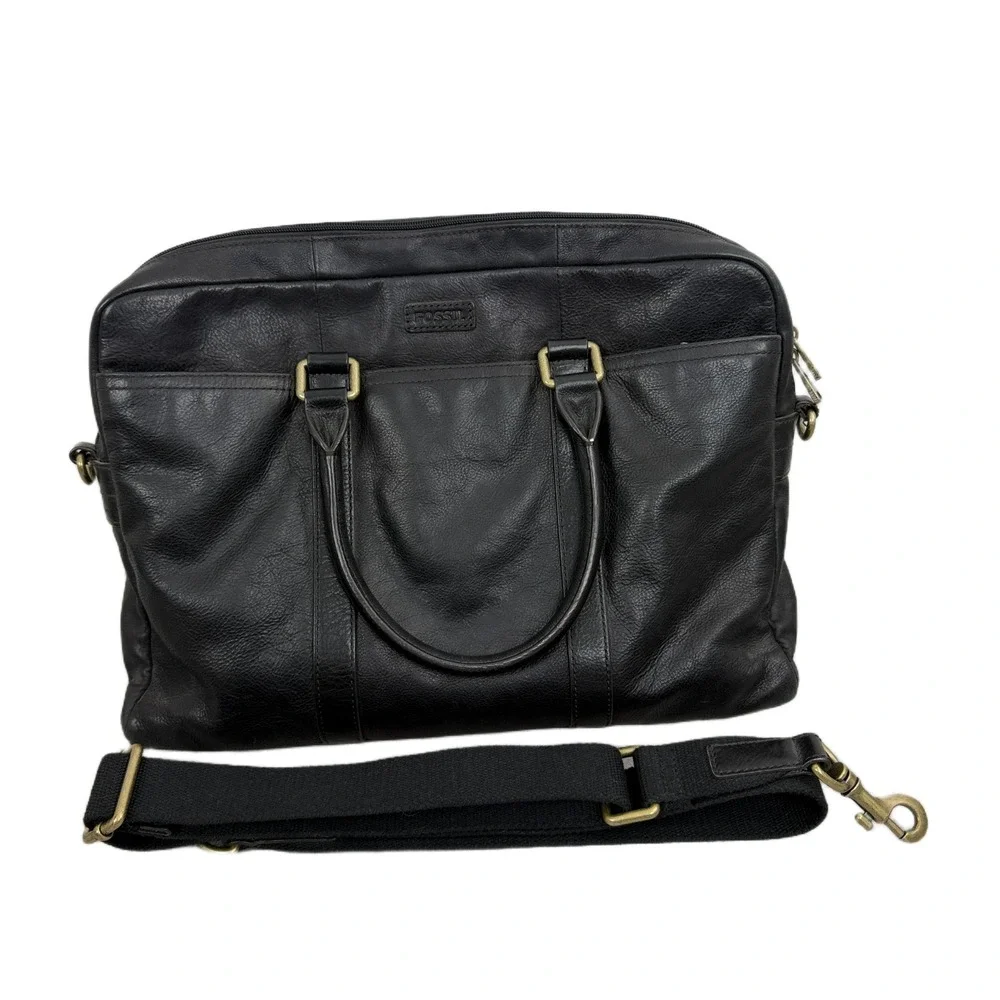 Fossil Black Leather Document Bag Double Handles Shoulder Strap Business Travel